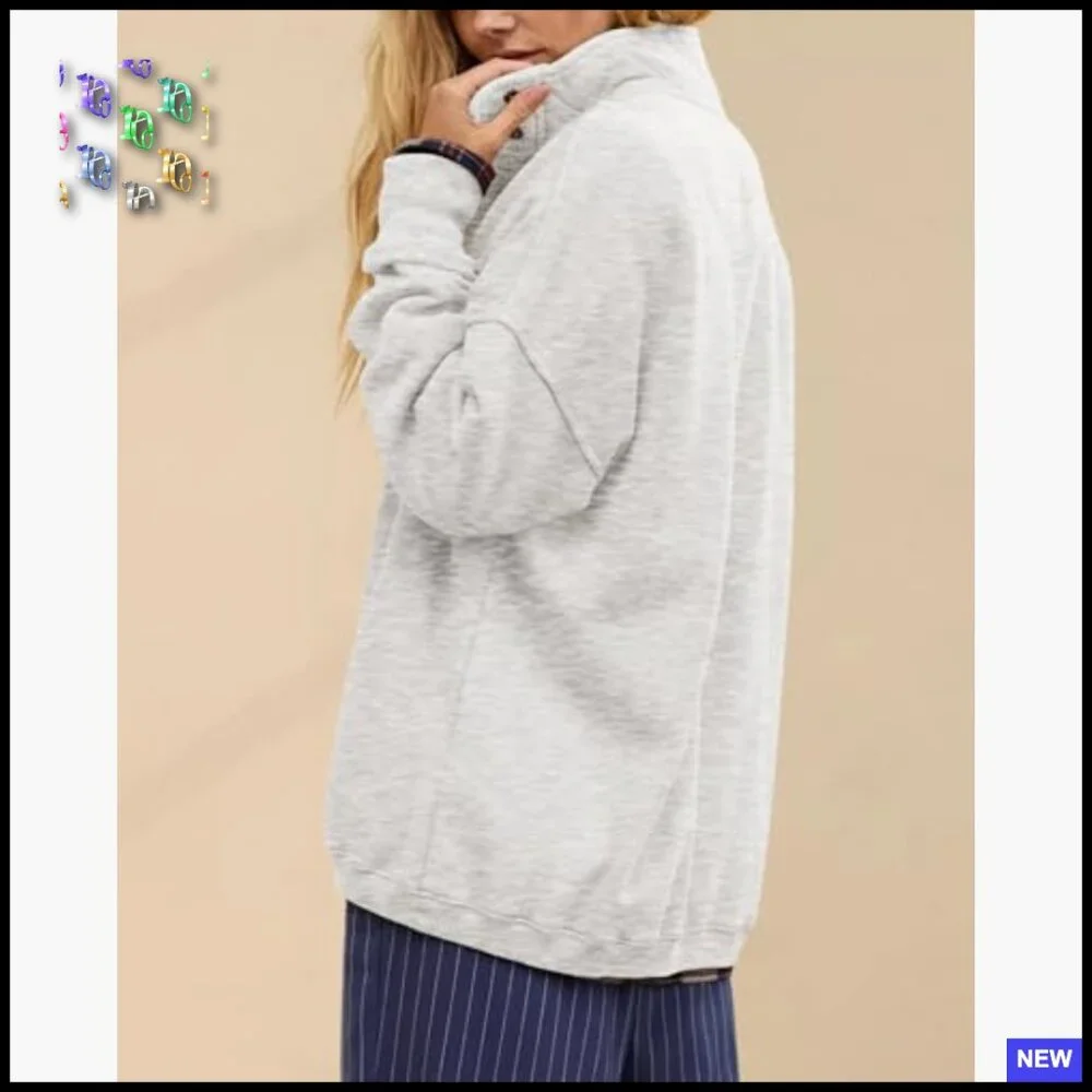 Oversized Button Front Sweatshirt Y2K Casual Pullover Long Sleeve Cotton Blend - Picture 3 of 7
